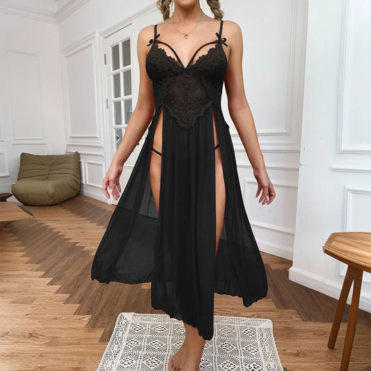 Sexy Lace Solid Women Sleepwear Underwear Mesh Lingerie Deep V Side Slit Sleeveless Female Fashion Robe Dress Nightwear