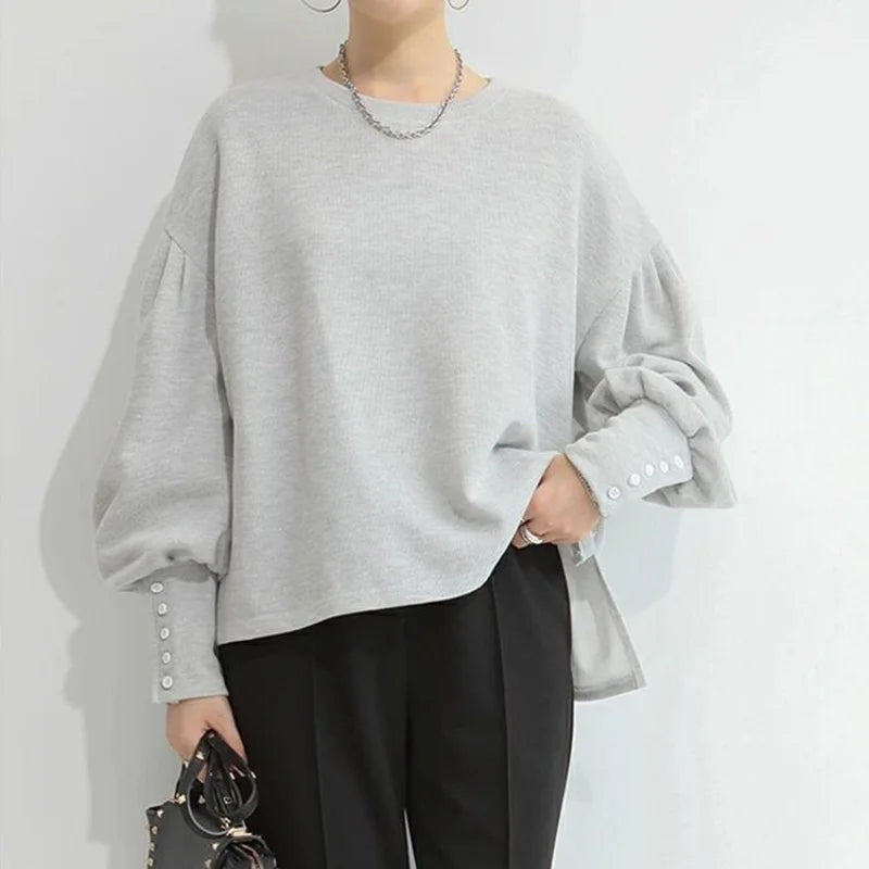 Long-sleeved T-shirt Versatile Outer Casual Top Women's Simple Lantern Sleeves Solid Color Loose Round Neck Women's shirt