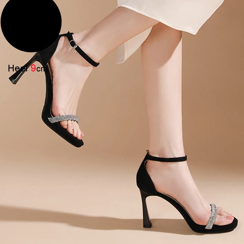 Suede Women's Sandals Thin Heels 9cm Ankle Buckle Rhinestone Straight Straps Cover Heel Ladies Pumps Dress Shoes