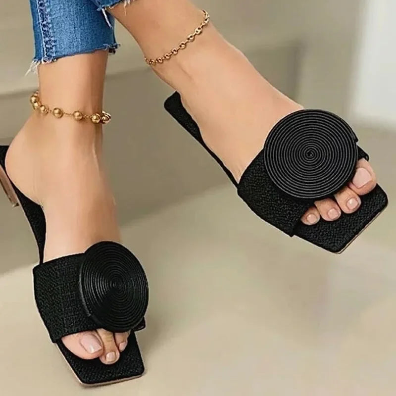 Women's Outdoor Casual Sandals Square Toe Flat Heel Round Disk Décor Daily Wear Beach Slippers for Women - Natalia Home Fashion