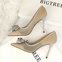 Women's Sexy Nightclub Pole Dancing Show Thin Heels High Mesh Hollowed Out Satin Rose Flower Woman Pumps