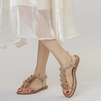 Single-strap rhinestone bow flat sandals, new summer fashion, simple and stylish, suitable for outdoor wear, Roman beach shoes