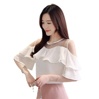 Loose Women's Chiffon Shirt round Neck Pure Color Mesh Five Sleeve Transparent Top Fashionable Small Shirt