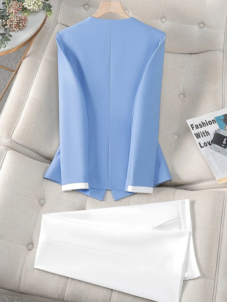 Elegant Blazer for Women Office Fashion Long Sleeve Suits Contrast Color Button Down Pant Suits