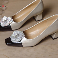 Rhinestone Camellia Flower Women's Shoes Square Toe Thick Heels 5cm Ladies Pumps Party Shoes