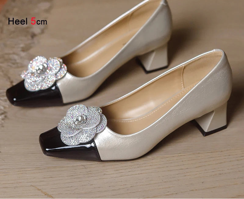 Rhinestone Camellia Flower Women's Shoes Square Toe Thick Heels 5cm Ladies Pumps Party Shoes