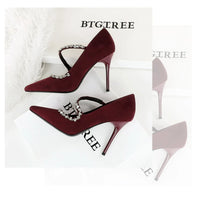 Banquet Pointed Toe High Heels Diamond Chain One-Strip Thin Heel Super High Heels Light Mouth Elegant Lace-Up