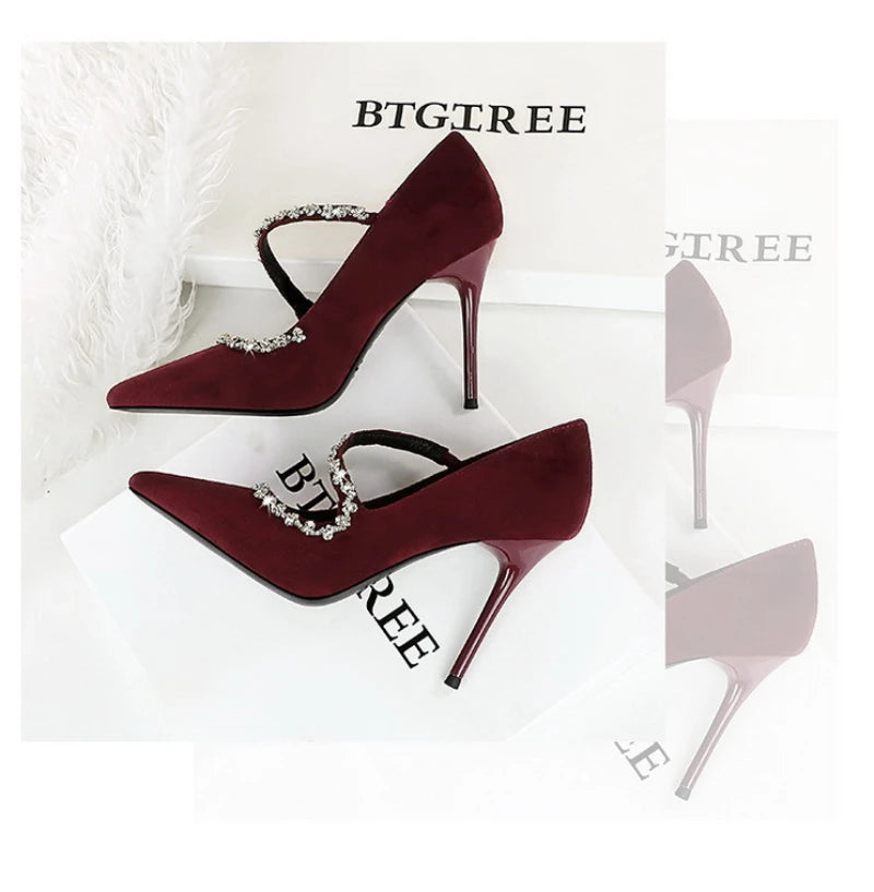 Banquet Pointed Toe High Heels Diamond Chain One-Strip Thin Heel Super High Heels Light Mouth Elegant Lace-Up