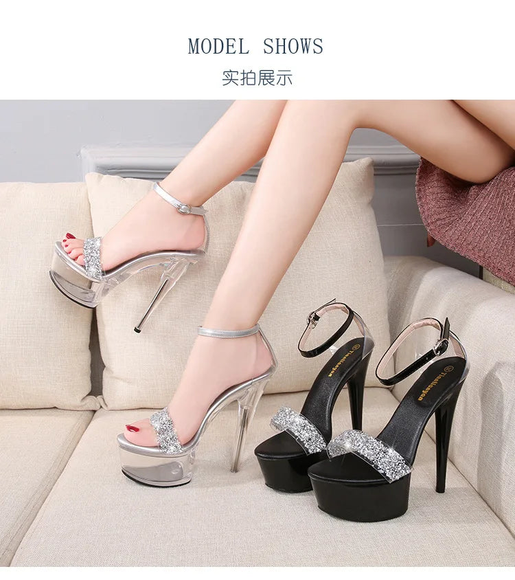 Fine Heel Crystal Women's Sandals Summer New 14.5 Cm High Heels Sexy Comfortable Ladies Wedding Shoes Catwalk Pole Dance