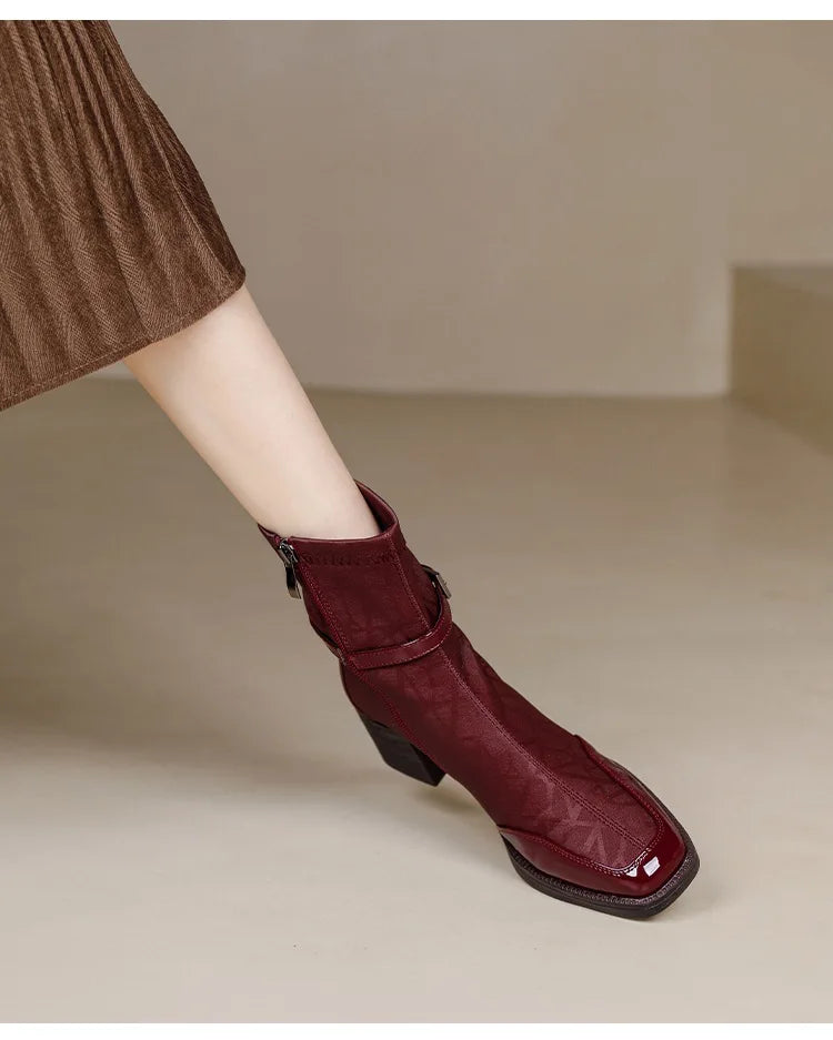 Women's Side Zipper Boot High Heel Short Boot Winter Mid-Calf Boot Chinese Style National Wedding Boot