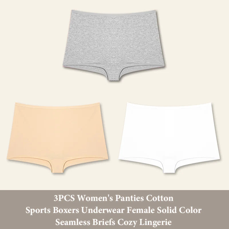 3PCS Women's Panties Cotton Seamless Sports Boxers Underwear Female Solid Color Briefs Cozy Lingerie Intimate Underpants