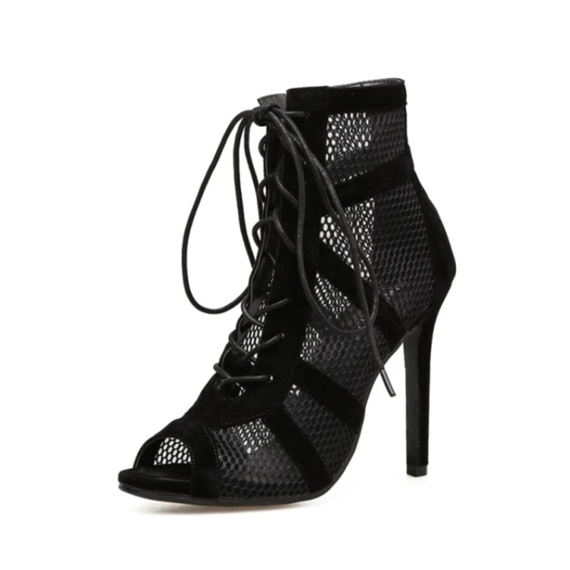 Women's High Heels Pumps Fashion Basic Sandals Boots Lace-Up Cross-Tied Hollow out Mesh Party Shoes