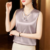 Elegant V Neck Solid Beaded Shirt Fashion Sleeveless Satin Blouse for Woman Loose Casual Silk Top Blouse