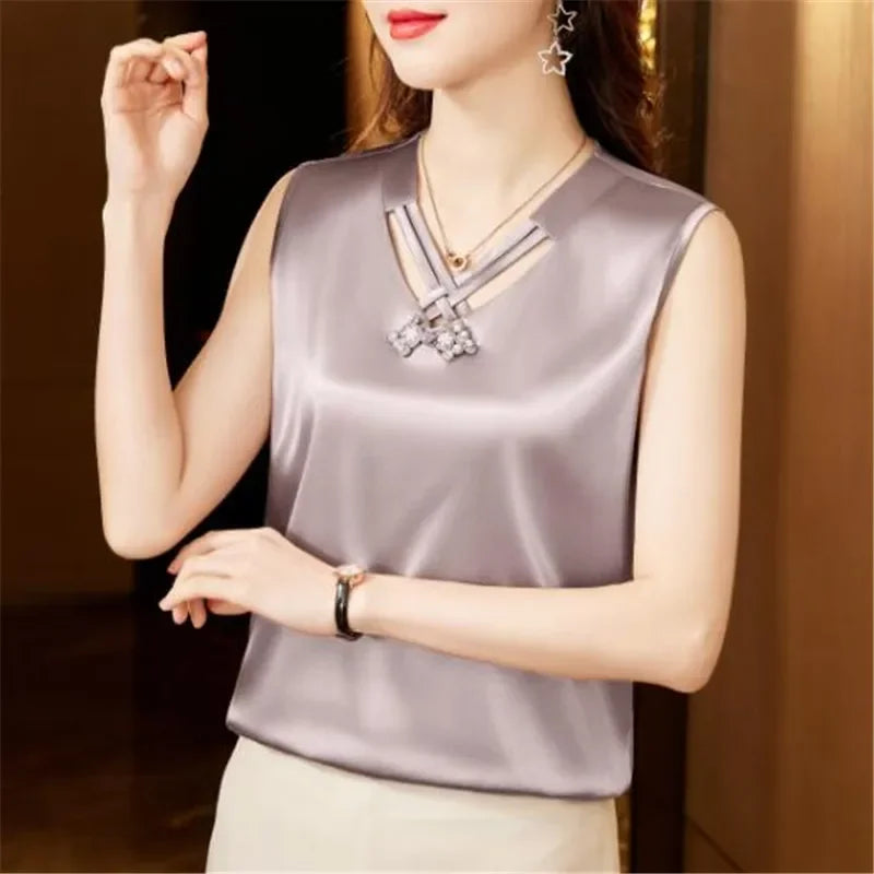Elegant V Neck Solid Beaded Shirt Fashion Sleeveless Satin Blouse for Woman Loose Casual Silk Top Blouse