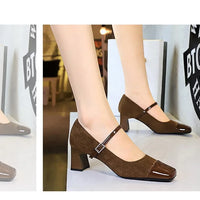 Leopard Print Women Pumps Suede Middle Heel Shoes Sexy Mary Jane Shoes Rhinestone Buckle Ladies Shoe Square Head