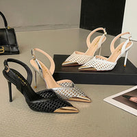 Elegant Hollow Out Woven Stiletto Sandals Women Pointed Toe Metal Straps High Heels