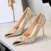 Fashion Metal Decoration Pointed Toe Woman Pumps Thin Heels Wedding Party Ladies Shoes