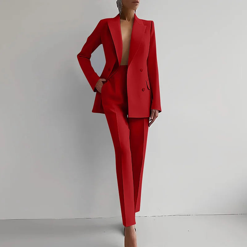 Women Fashion Solid Pant Suits, Office Lady Elegant V-Neck Long Sleeve Blazer Set, Pencil Pants Slim Ladies Outfit