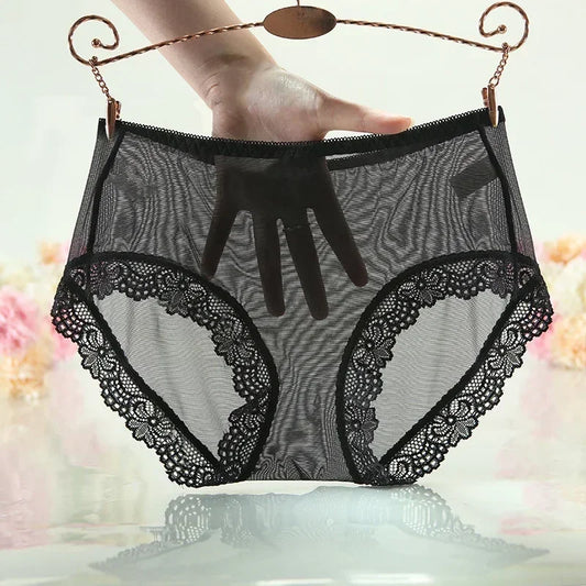 Sexy Women's Transparent Briefs Solid Color Ultra-Thin Mesh Seamless Lace Edge Underpants Underwear Panties Briefs Female