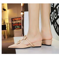 French Wedge Heel Pointed Head Sandals Versatile Bow Medium Heel Half Slippers Women