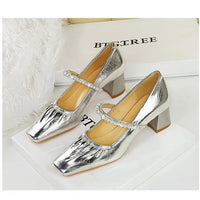 Heels Women Fashion CRYSTAL Pearl Pumps Square Toe Stripper Elegant Party Square Heel Ladies Shoes