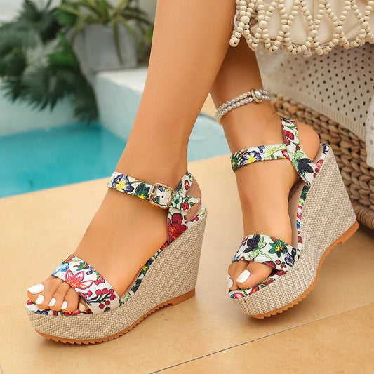Bohemian Thick Heel Platform Sandals Women's Flip Flops Flower Ribbon Beach Shoes Comfortable round Toe Roman Style