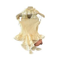 Summer Style Beach Holiday Sweet And Spicy Lace Trim Neck Hanging Chiffon Top Women Light  Round Collar T Shirt