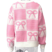 Loose Pink Bow Women's Sweater Fashion O-Neck Long Sleeve Sweater Lady Elegant Chic Pullover Top Female Clothing