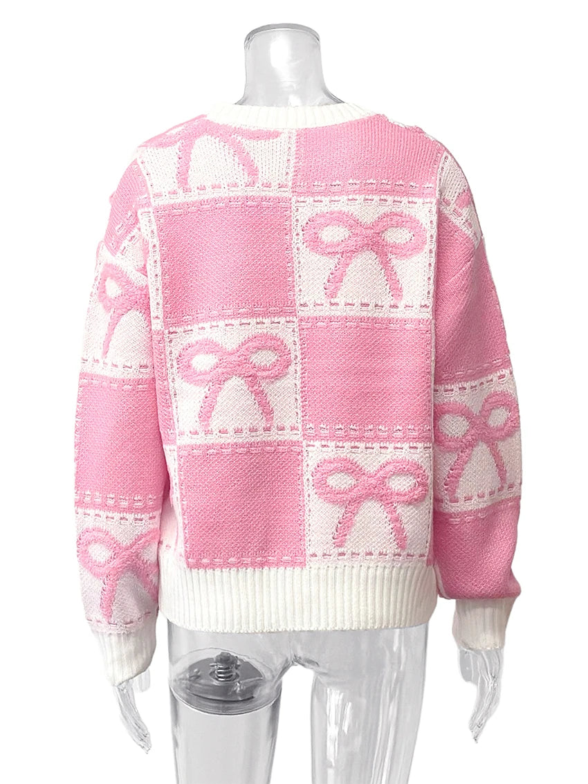 Loose Pink Bow Women's Sweater Fashion O-Neck Long Sleeve Sweater Lady Elegant Chic Pullover Top Female Clothing