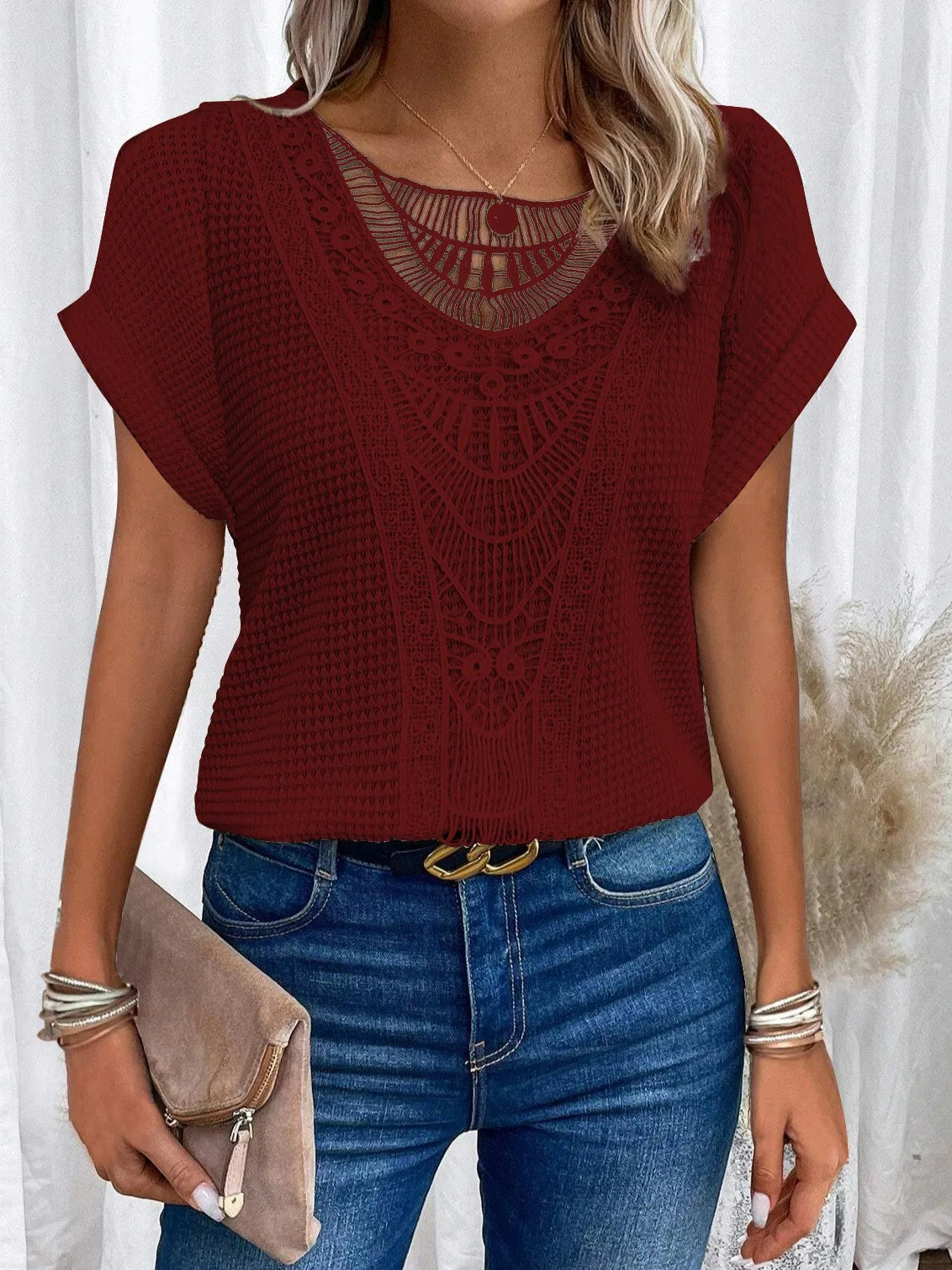 T shirt women 2026 fashion Spring Summer New lace patchwork short-sleeved T-shirt solid color tshirt women's clothing Natalia Home Fashion    Natalia Home Fashion