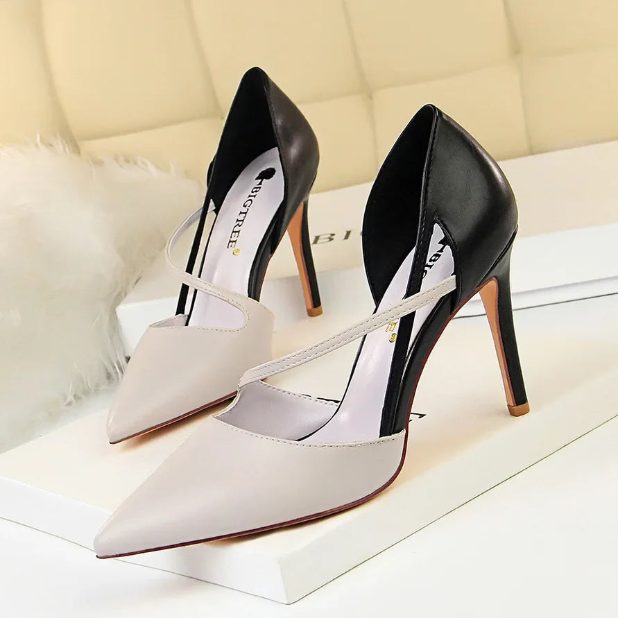 Women 9.5cm High Heels Sandals Nightclub Stripper Heels Sexy Patchwork Party Ankle Strap 2 tone Shoes