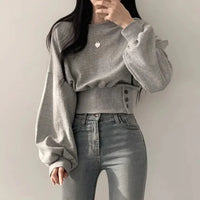 Chic Winter Niche Design Sensibility Round Neck Waist-Fitted Slimming Long Sleeve Cropped Pullover Sweatshirt Top For Women