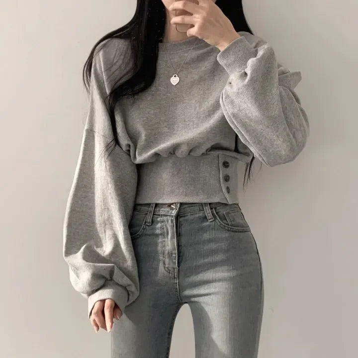 Chic Winter Niche Design Sensibility Round Neck Waist-Fitted Slimming Long Sleeve Cropped Pullover Sweatshirt Top For Women