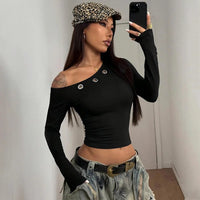 Casual Skew Collar Long Sleeve T-Shirts Women Solid Slim Pullovers Tees Shirts Female Basic Black Crop Top