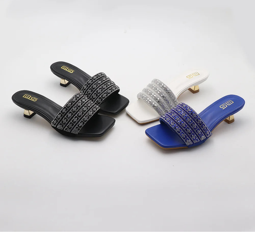 Low Heel Slippers Elegant Lady Square Toe Sandals Luxury Rhinestone High Heels Mules  Slip-on Women Shoes - Natalia Home Fashion