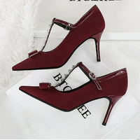 Banquet Bow Rivet T-button Pointed Head High Heel Women's Single Shoes
