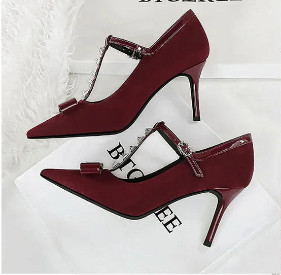 Banquet Bow Rivet T-button Pointed Head High Heel Women's Single Shoes