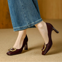 Basic Shallow Square Toe Women Pumps High Quality PU Leather Matte Thick Heel Office Shoes Woman Maroon 7CM High Heels