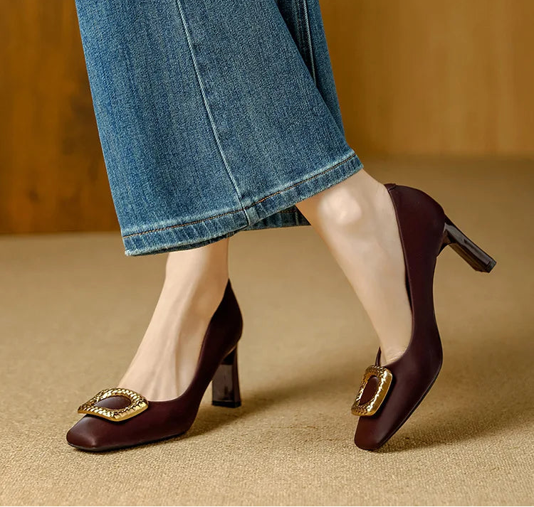 Basic Shallow Square Toe Women Pumps High Quality PU Leather Matte Thick Heel Office Shoes Woman Maroon 7CM High Heels