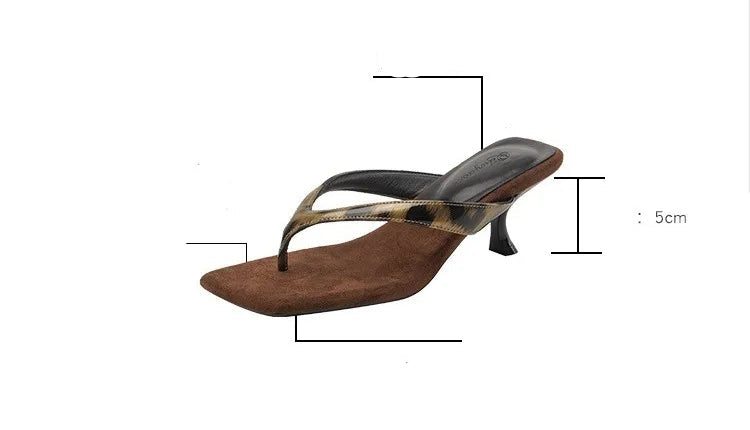 Formal Flip Flops Woman High Heels Cool Slippers Women's Summer New Retro Leopard Print Toe Square Heel Slippers Women Outside