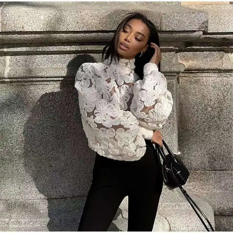 Luxury Fashion Jacquard See-through Shirts Women 3D Flower Long Sleeve Blouse Patchwork Tops Loose Design Lady Outerwear