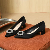 Soft Leather Black Pointed Toe Work Shoes Spring Autumn New Style Comfortable Thick Heel Professional Soft Bottom Shoes
