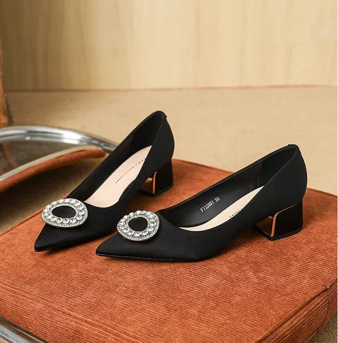 Soft Leather Black Pointed Toe Work Shoes Spring Autumn New Style Comfortable Thick Heel Professional Soft Bottom Shoes