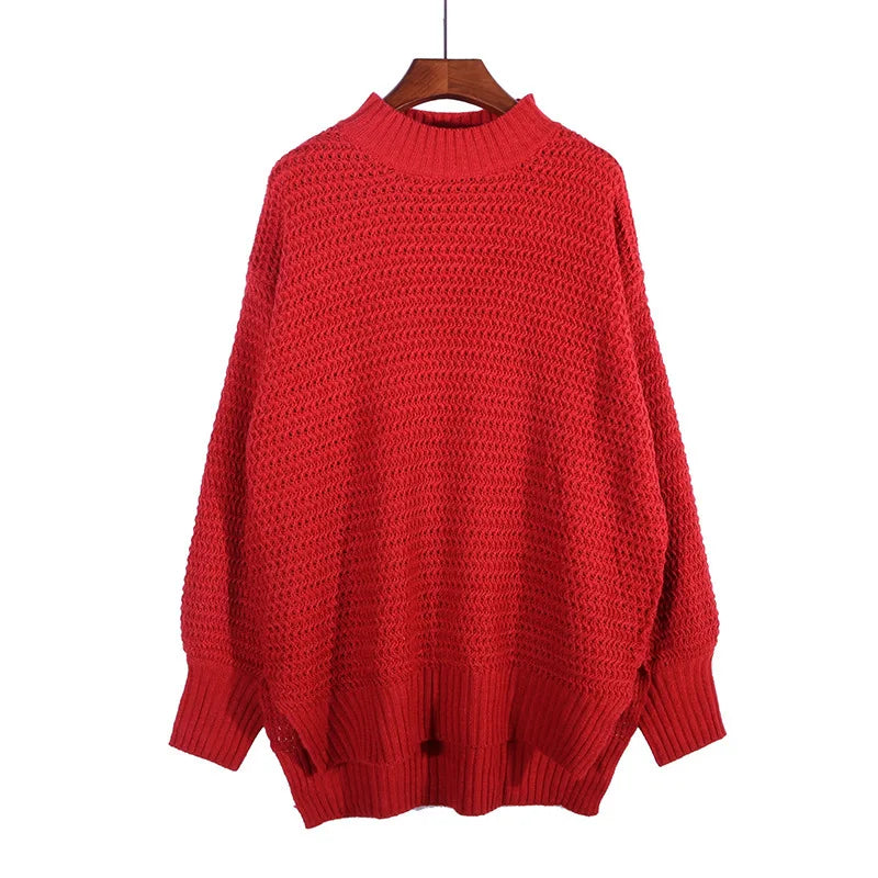 Solid Color Simple Semi-high Collar Long-sleeved Split Pullover Sweater Autumn Winter Women's New Loose Casual Knitted Sweater Natalia Home Fashion    Natalia Home Fashion
