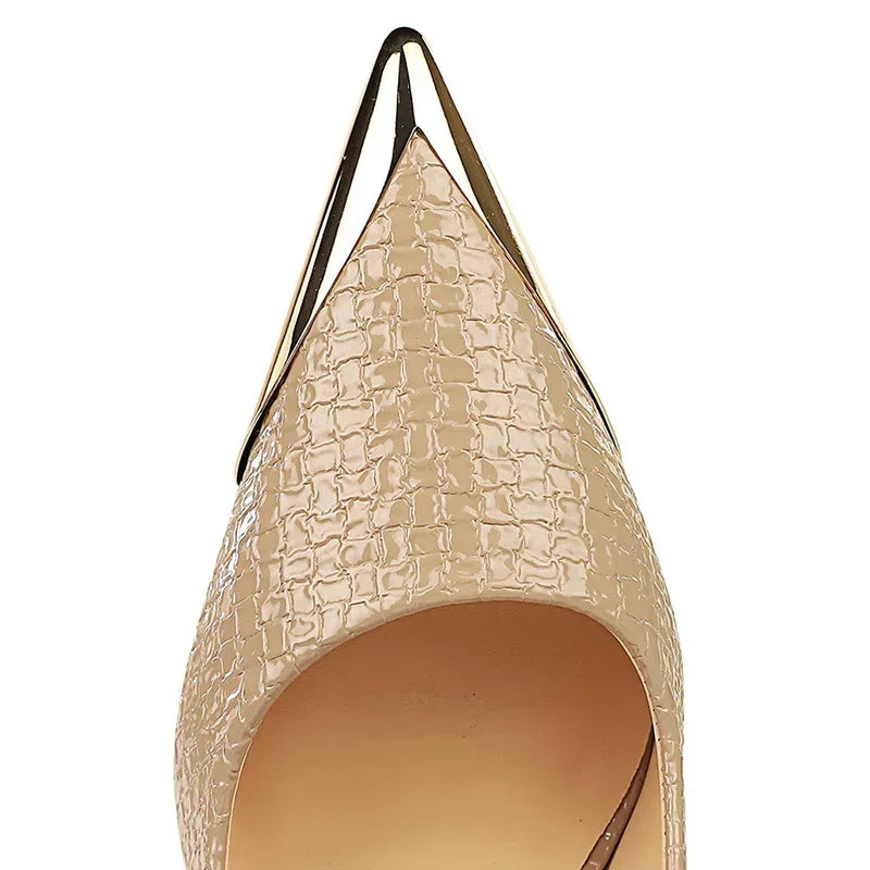 Western Style Retro 9.5cm High Heels Party Pumps Serpentine Patent Leather Shallow Metal Pointed Toe Lady Shoes Black