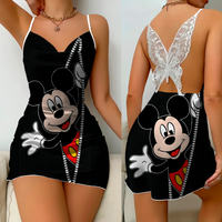Mini Dress Pajama Skirt Bow Knot Party Dresses Satin Surface Minnie Mouse Disney Mickey Women Fashion Summer  Elegant Women