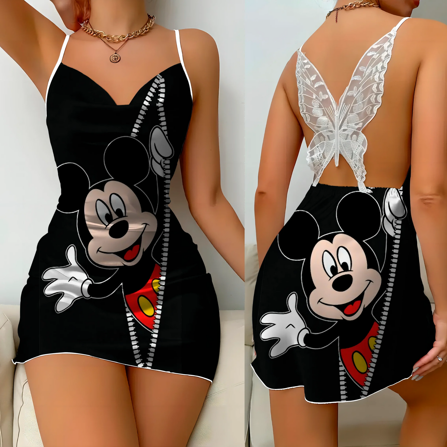 Mini Dress Pajama Skirt Bow Knot Party Dresses Satin Surface Minnie Mouse Disney Mickey Women Fashion Summer  Elegant Women