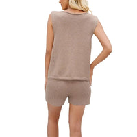 V-neck Sleeveless Vest Single-row Lace-up Casual Shorts Two-piece Set Women's Casual Commuting Beach All-match Shorts Set Natalia Home Fashion    Natalia Home Fashion