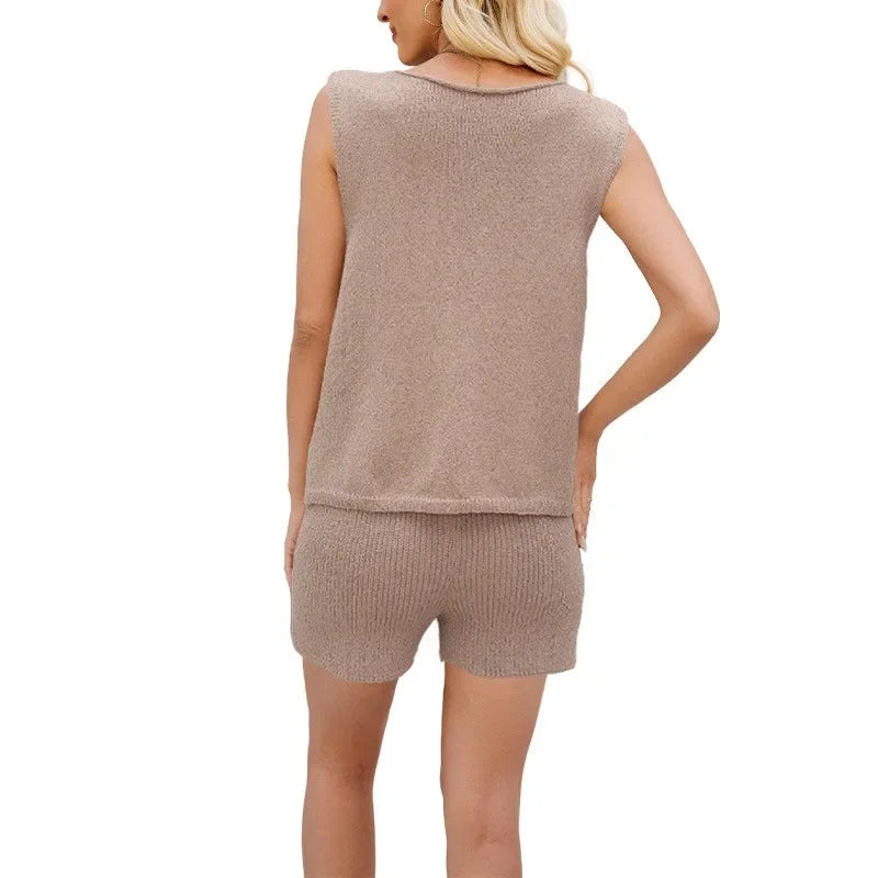 V-neck Sleeveless Vest Single-row Lace-up Casual Shorts Two-piece Set Women's Casual Commuting Beach All-match Shorts Set Natalia Home Fashion    Natalia Home Fashion