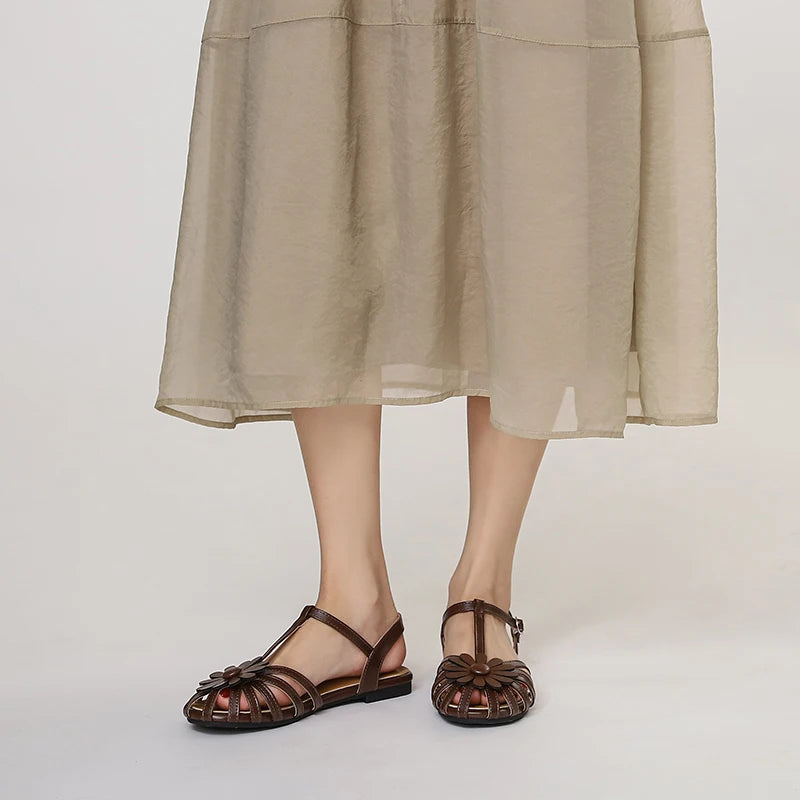 Elegant Fashion Roman Round Head Flat Sandals Women Woven Hollow Sandals Female Closed Toe Summer Ladies Shoes